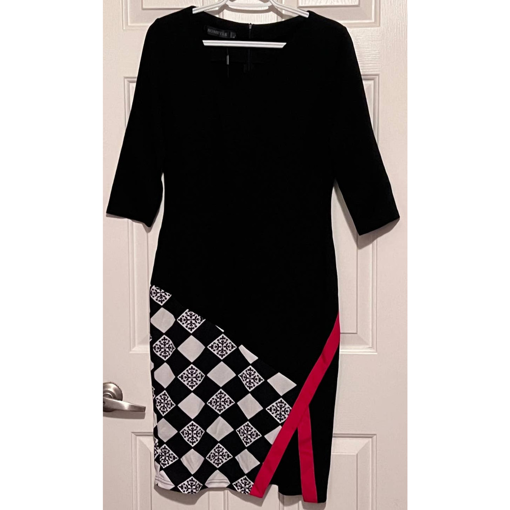 Homeyee Women's Black Red White Patchwork 3/4 Sleeve Sheath Dress Size 8